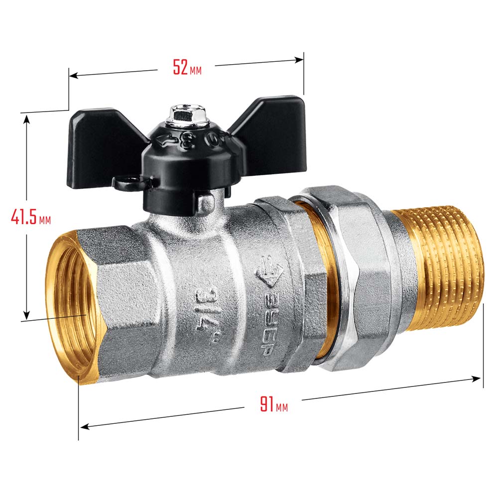 Фото Полнопроходной шаровой кран с накидной гайкой ЗУБР d 3/4", ручка "бабочка", "мама-папа {51321-3/4} (1)