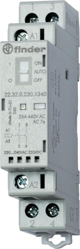 Фото Контактор модульный 2NO 25А AgSnO2 230В AC/DC 17.5мм IP20 опции: переключатель Авто-Вкл-Выкл + мех. индикатор + LED FINDER 223202304340