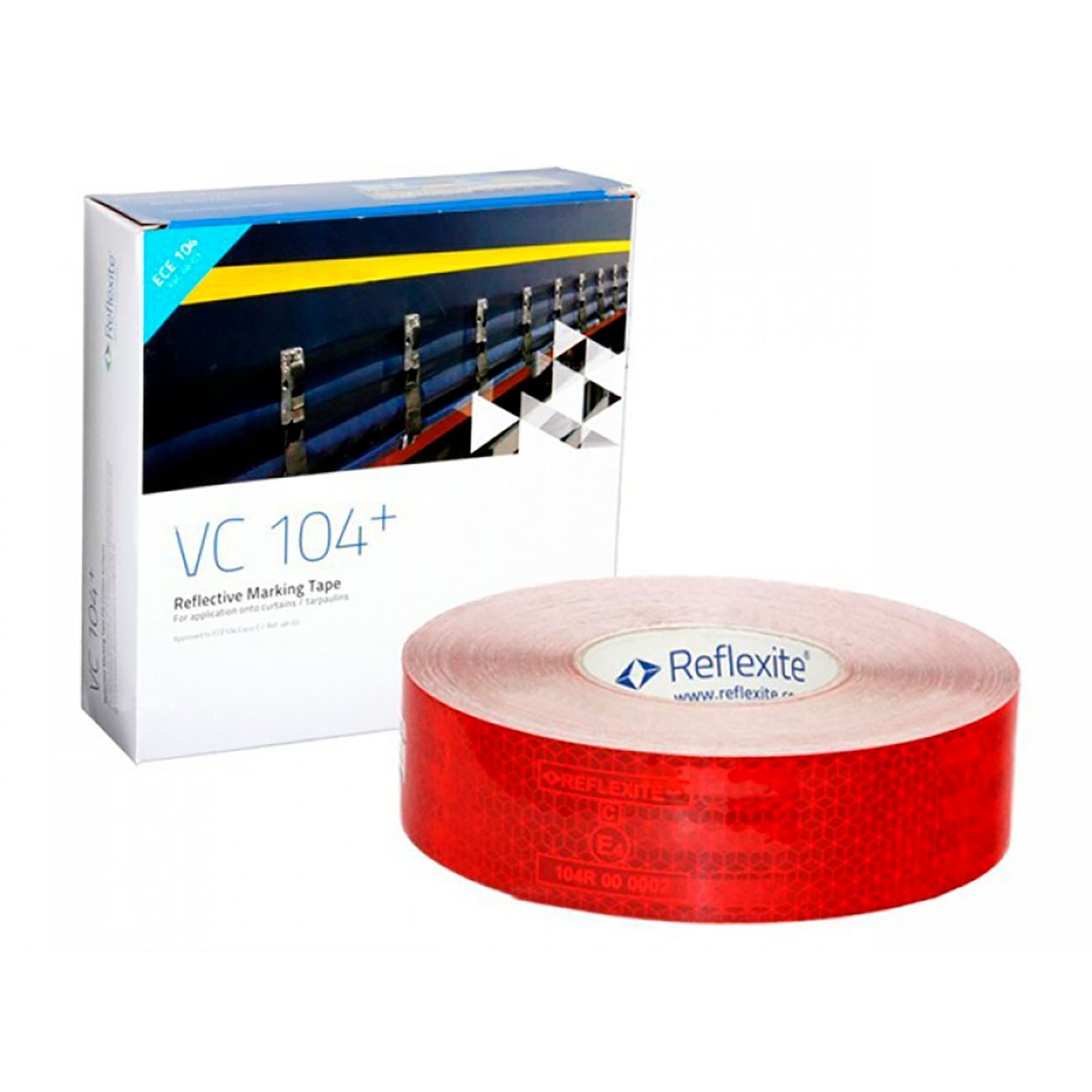 Фото Светоотражающая лента ORALITE VC104+ (REFLEXITE) CURTAIN GRADE, красная, для тента, 50 мм х 50 м {or.vc104.cg.r.50}