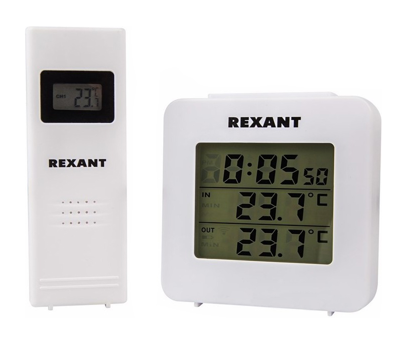 Фото Электронный термометр Rexant с часами и беспроводным выносным датчиком {70-0592}