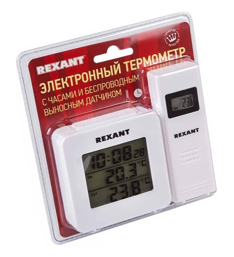 Фото Электронный термометр Rexant с часами и беспроводным выносным датчиком {70-0592} (2)