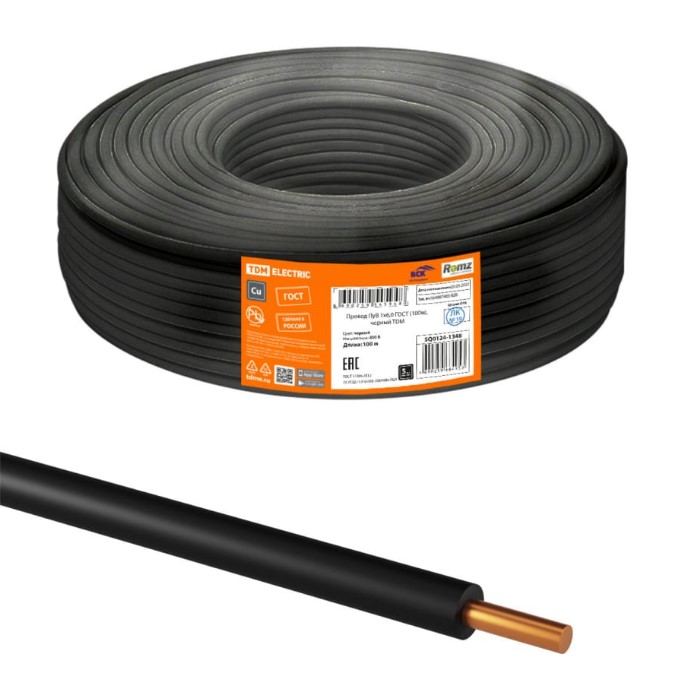 Фото Провод ПуВ 1х6,0 ГОСТ черный TDM {SQ0124-1348}