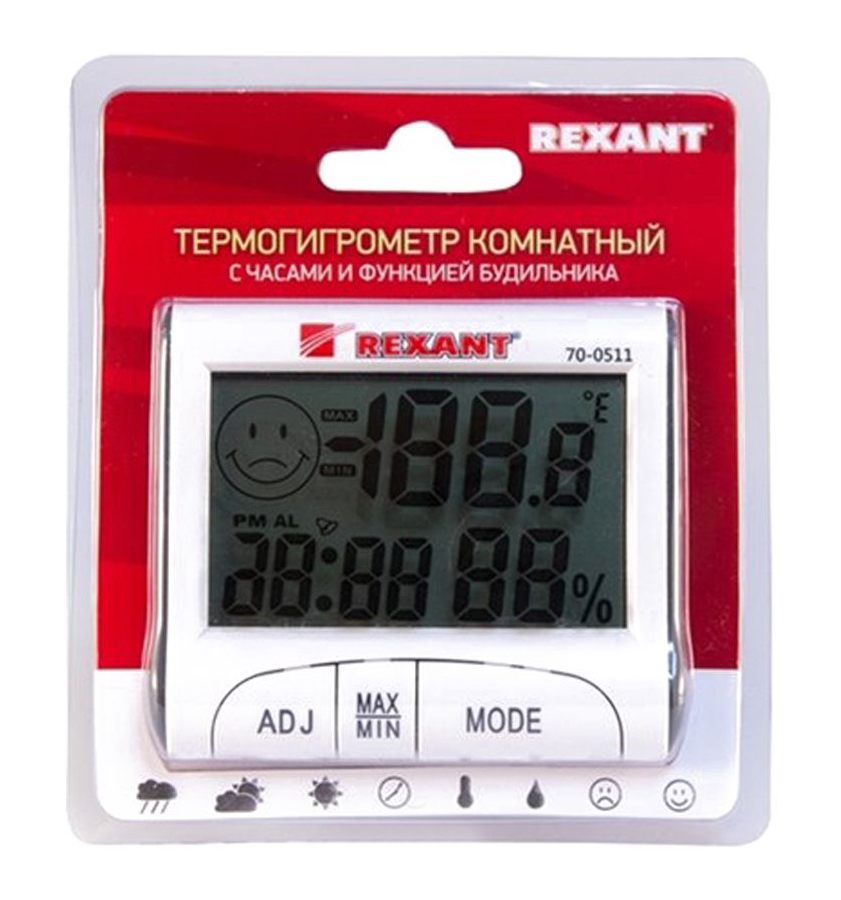 Фото Термогигрометр комнатный Rexant с часами и функцией будильника {70-0511} (1)