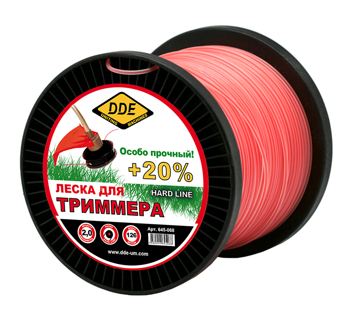Фото Корд триммерный на катушке DDE "Hard line" (круг армированный) 2,0 мм х 126 м, серый/красный {645-068}