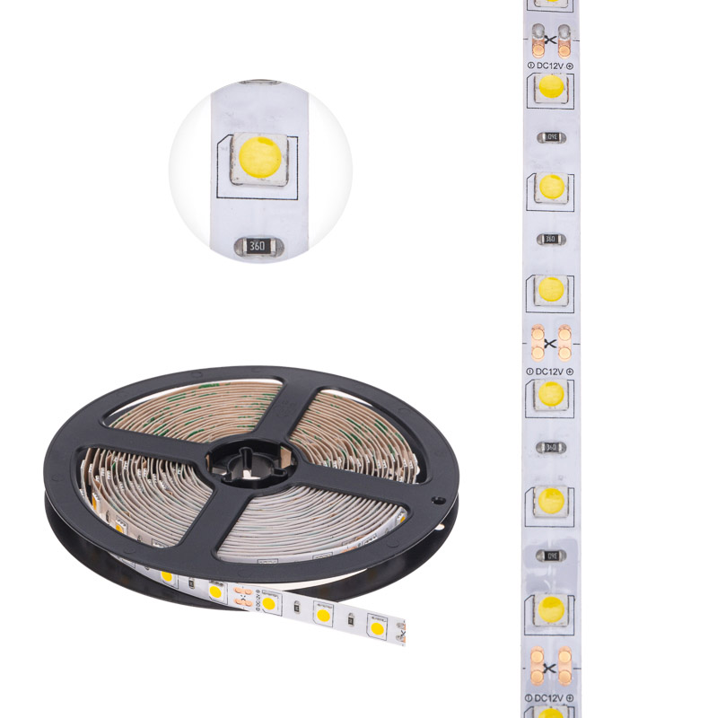 Фото Лента светодиодная 12В, SMD5050, 14,4Вт/м, 60 LED/м, 2700К, 10мм, 5м, для БП с клеммами, IP20 LAMPER {141-2025} (2)