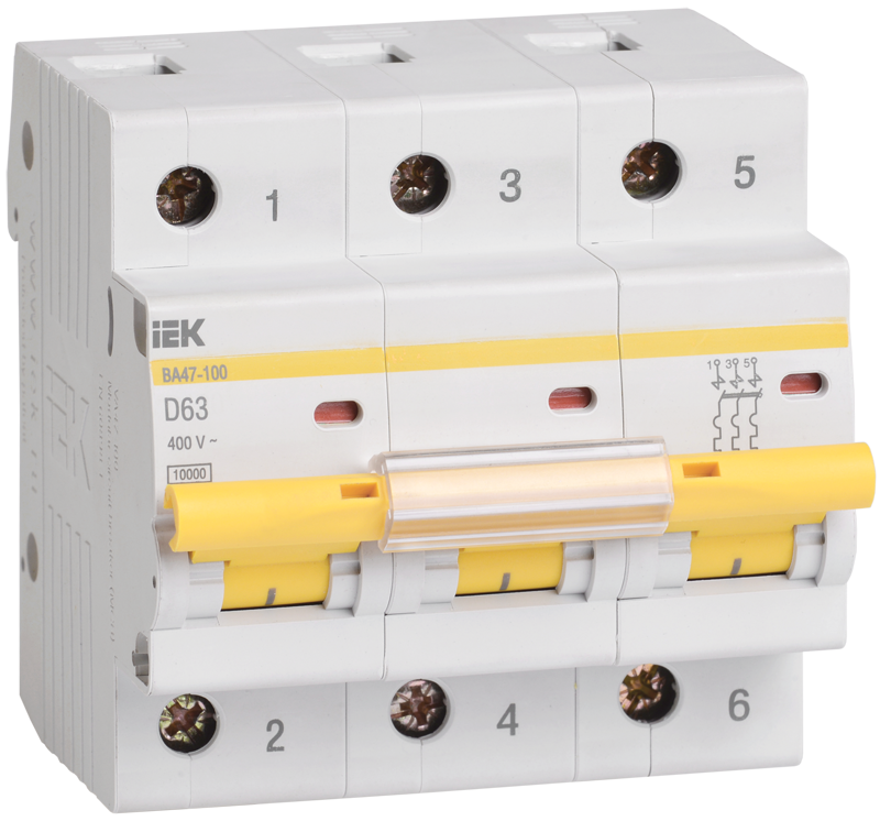 Фото Автоматический выключатель IEK ВА47-100 3Р 63А 10кА х-ка D {MVA40-3-063-D} (1)