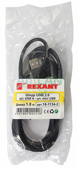 Фото Шнур Rexant, штекер mini USB - штекер USB-A, 1.8 м, черный {18-1134-2}
