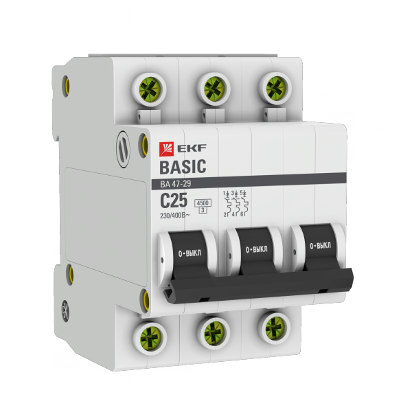 Фото Автоматический выключатель (С) EKF Basic ВА 47-29 3P 25А 4,5кА {mcb4729-3-25C}