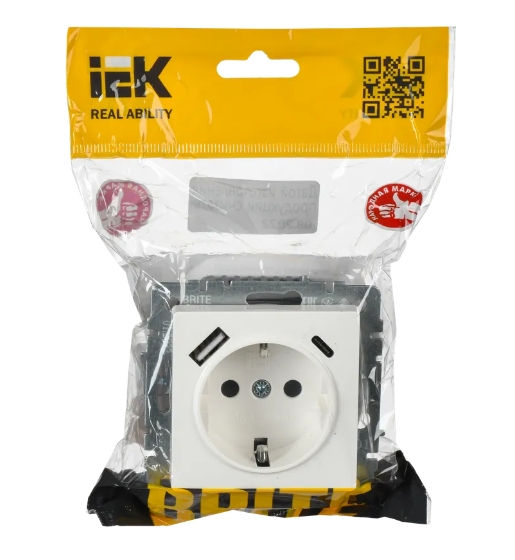 Фото Розетка BRITE РЮш11-1-БрБ 16А с USB A+C 18Вт с заземл. защ. шторки бел. IEK BR-R14-16-U22-018-K01 (1)