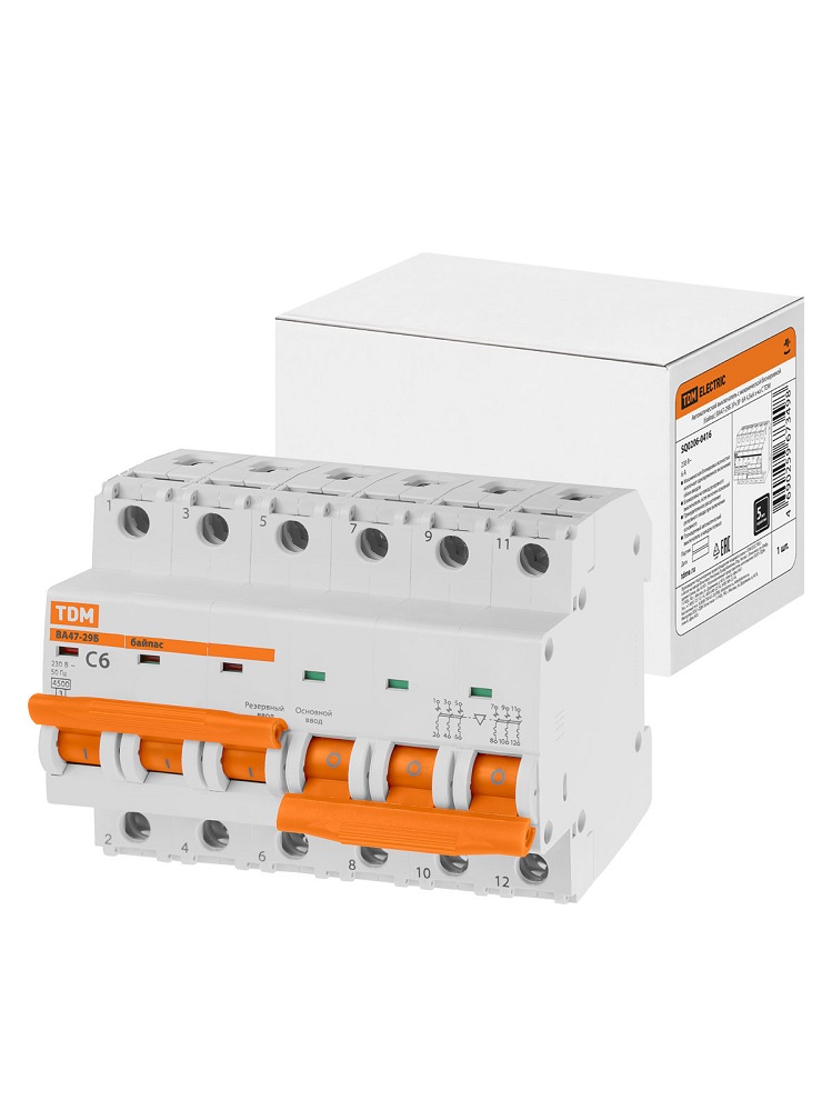 Фото Автоматический выключатель TDM с мех. блок. (байпас) ВА47-29Б 3Р+3Р 6А 4,5кА х-ка C TDM {SQ0206-0416} (1)