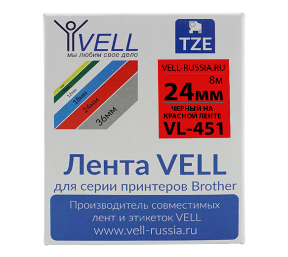 Фото Лента Vell VL-451 (Brother TZE-451, 24 мм, черный на красном) для PT D600/2700/P700/P750/ PTE550/9700/P900