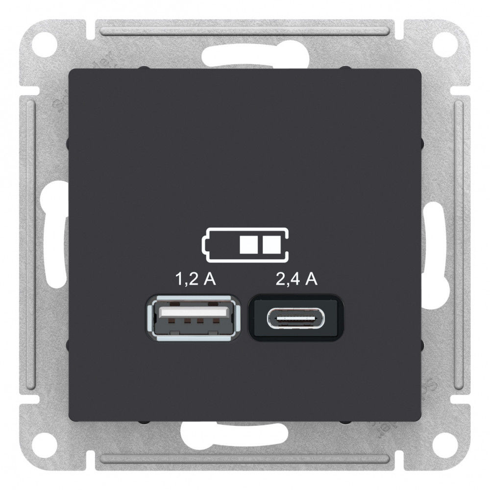 Фото USB розетка ATLASDESIGN A+с, 5в/2,4а, 2х5в/1,2 а, механизм, карбон {ATN001039}