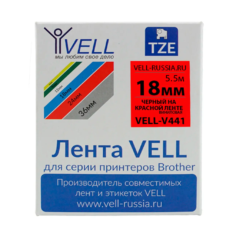 Фото Лента виниловая Vell V-441 (18 мм, черный на красном) для PT D450/D600/E300/2700/ P700/P750/E550/9700/P900/2430 {Vell-V441}