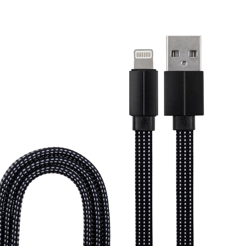 Фото USB кабель для iPhone 5/6/7/8/X моделей, черный текстиль, 1 метр (плоский шнур) REXANT {18-1979-1}