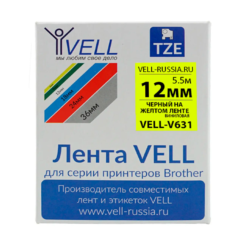 Фото Лента виниловая Vell V-631 (12 мм, черный на желтом) для PT 1010/1280/D200/H105/E100/ D600/E300/2700/ P700/E550/9700 {Vell-V631}