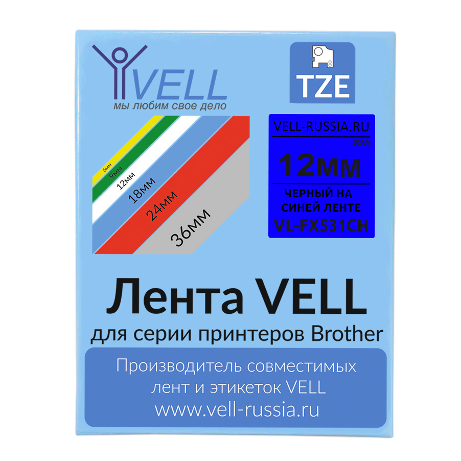 Фото Лента Vell VL-FX531CH (с чипом, 12 мм, черный на синем) для Puty PT-100E/100ECH/Brother D200/E110/ D600/E300/2700/ P700/E550/P900 {Vell-FX531CH}