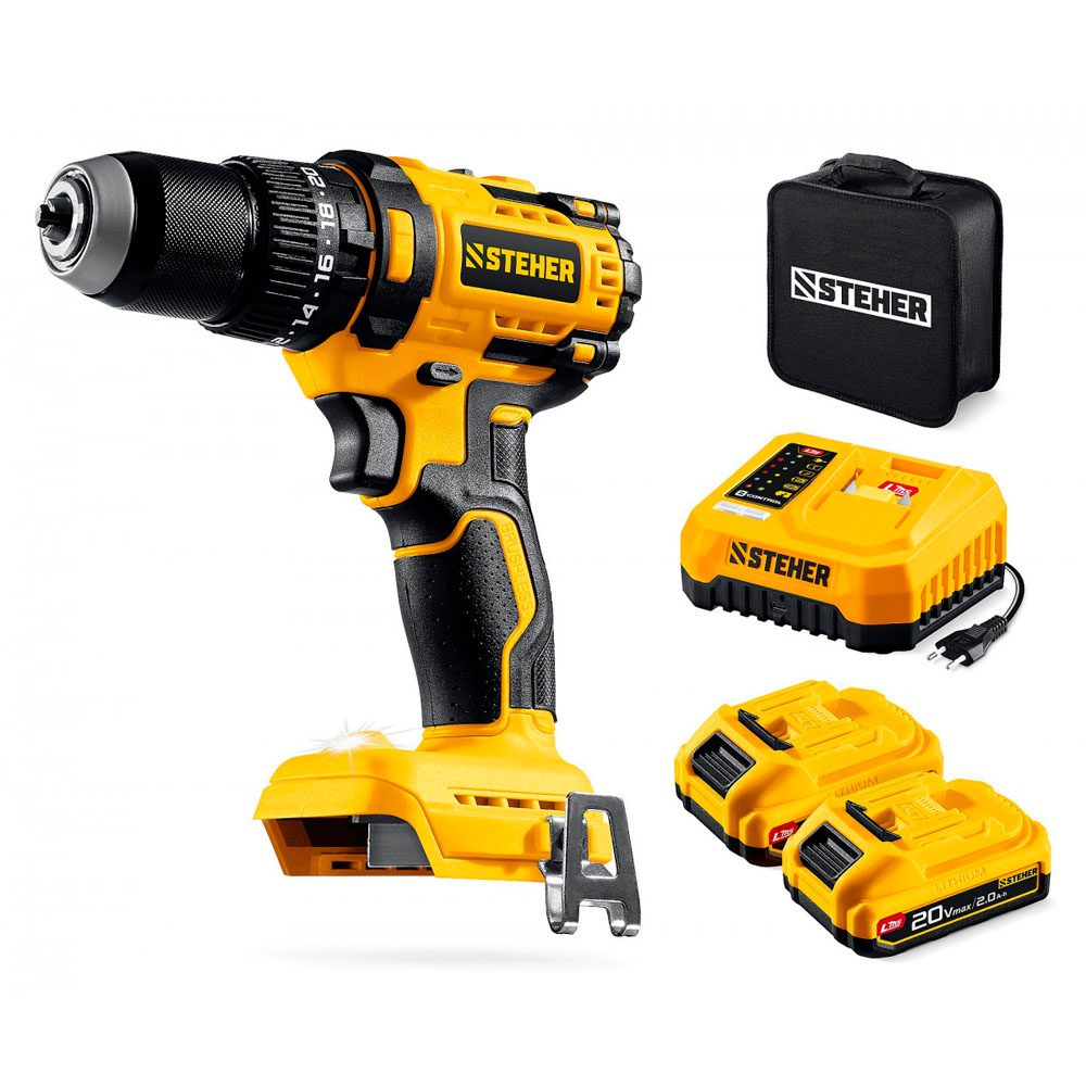 Фото Бесщеточная ударная дрель-шуруповерт, 65 Н·м, 2 АКБ LMS {2 А·ч}, 20 В, сумка, STEHER {CBS-65-22} (1)