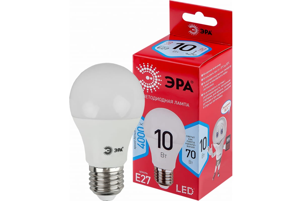 Фото ЭРА LED A60-10W-840-E27 R (диод, груша, 10Вт, нейтр, E27) (10/100/2000) {Б0049635}