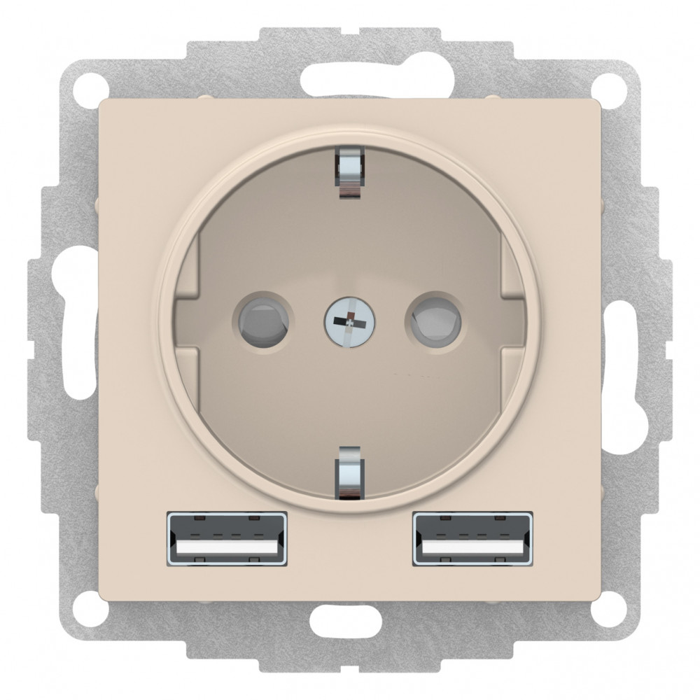 Фото Розетка ATLASDESIGN 16а c 2 USB A+A, 5в/2,4а, 2х5в/1,2а, механизм, бежевый {ATN000230}