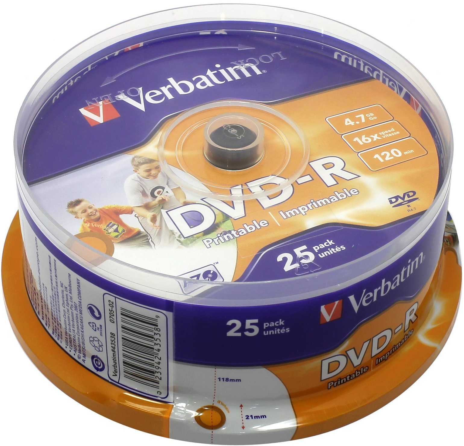 Фото Диск DVD-R Verbatim 4.7 Gb, 16x, Cake Box (25), Printable (25/200) {43538}