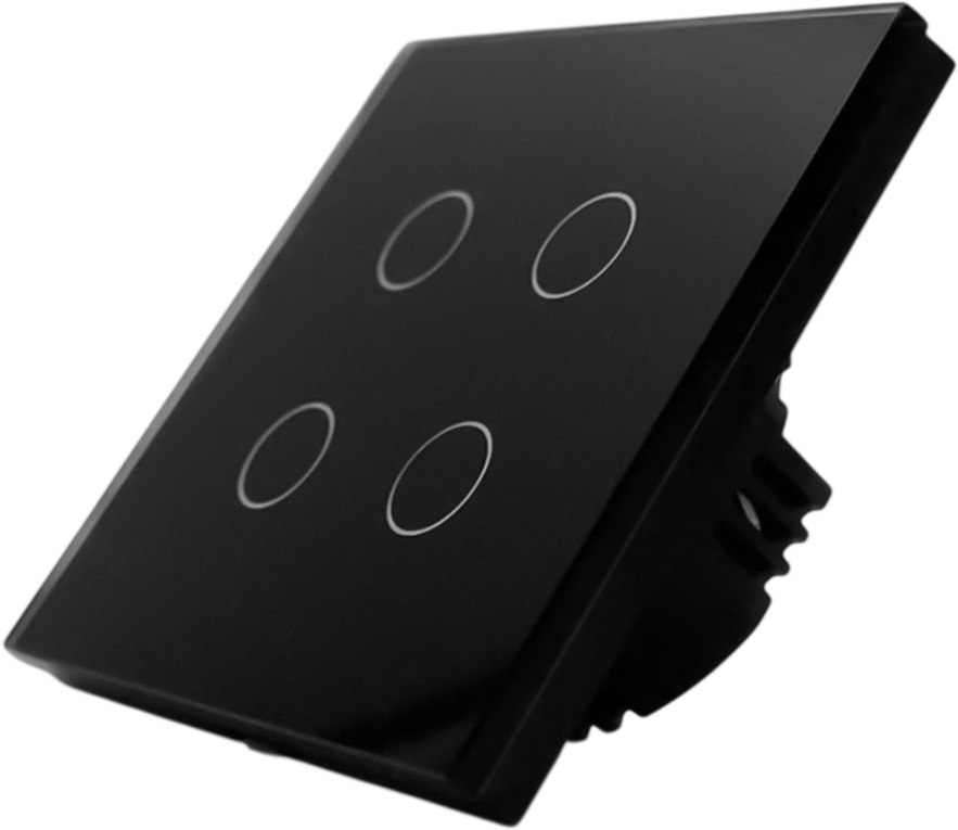Фото Сенсорный выключатель черный, четырехклавишный, 1 пост, стеклянная панель Vell {BK1P-4G}