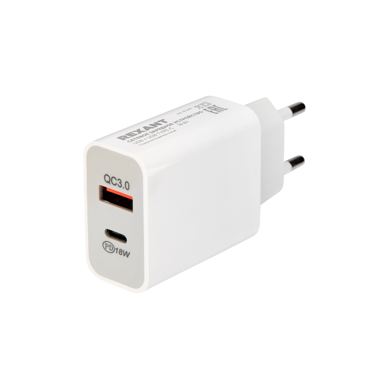 Фото Сетевое зарядное устройство REXANT USB-A+USB-C адаптер, 18W белое {18-2216} (4)