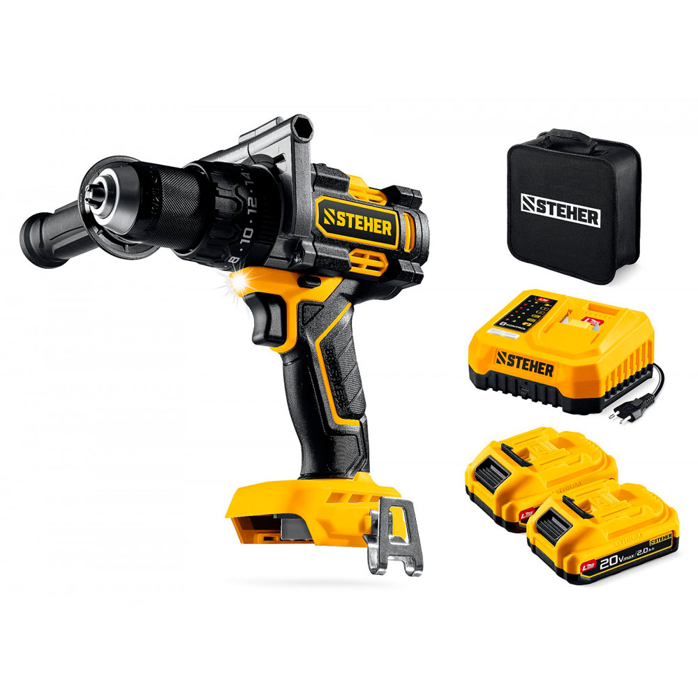 Фото Бесщеточная ударная дрель-шуруповерт, 165 Н·м, 2 АКБ LMS {2 А·ч}, 20 В, сумка, STEHER {CBS-165-22} (1)