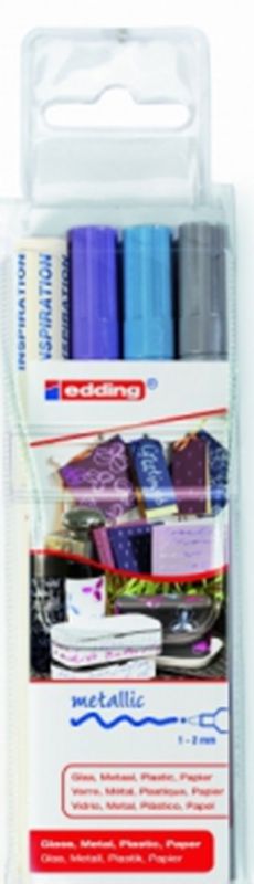 Фото Набор глянцевых лаковых маркеров Edding, 3 цвета: серебряный, голубой металлик, синий {E-751#3S#54,70,78}