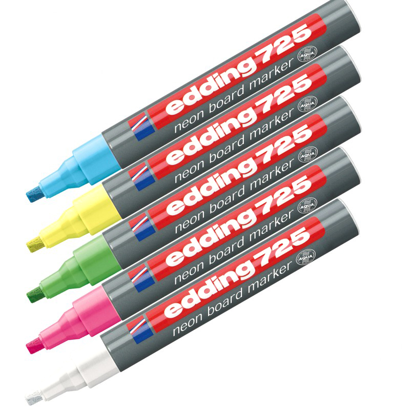 Фото Набор неоновых маркеров для досок Edding, клиновидный наконечник 2-5 мм, 5 цветов {E-725#5S} (1)