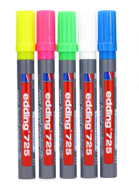 Фото Набор неоновых маркеров для досок Edding, клиновидный наконечник 2-5 мм, 5 цветов {E-725#5S}