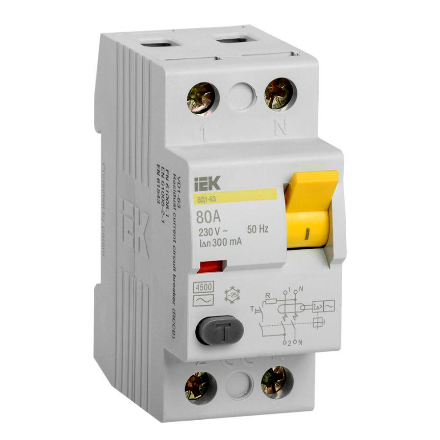 Фото Выключатель дифференциального тока (УЗО) 2п 80А 300мА тип AC ВД1-63 IEK MDV10-2-080-300