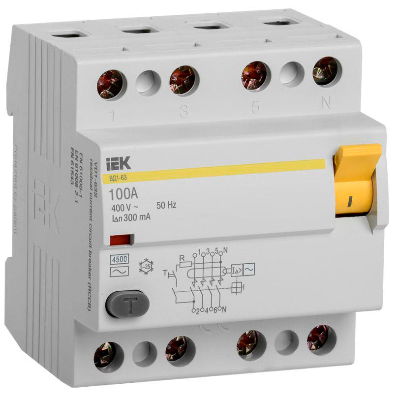 Фото Выключатель дифференциального тока (УЗО) 4п 100А 300мА тип AC ВД1-63 IEK MDV10-4-100-300
