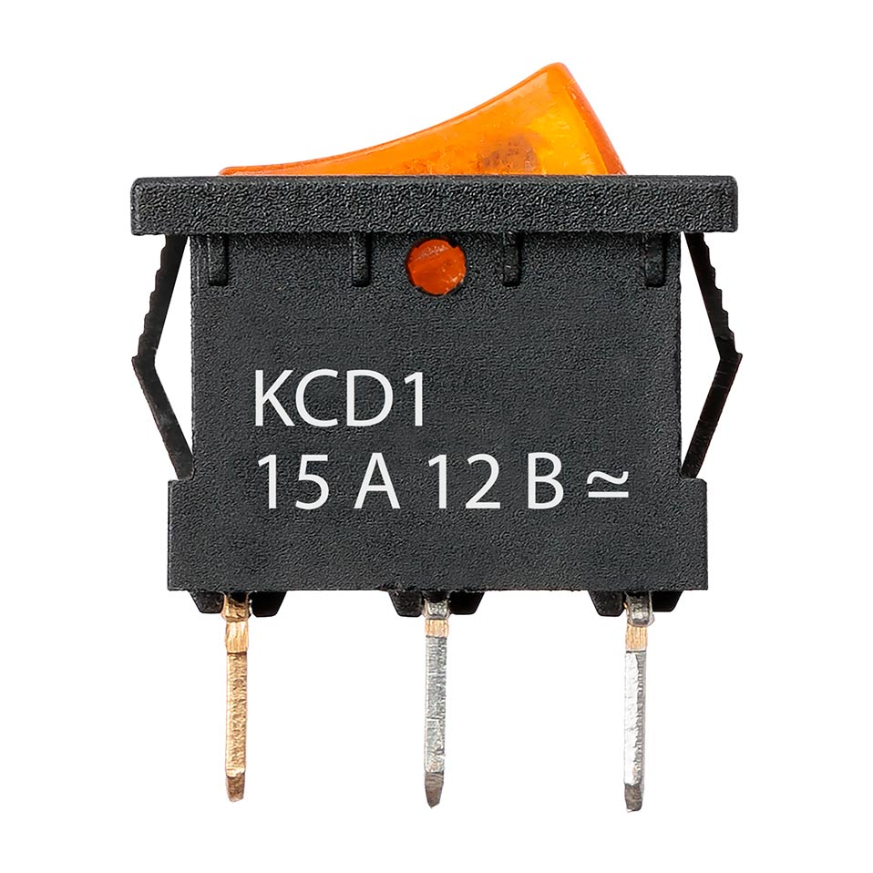 Фото Клавишный переключатель KCD1-101N 12В AC/DC, 1P, 15А, ON-OFF, желтая клавиша, LED, Mini TDM {SQ0746-0133} (1)