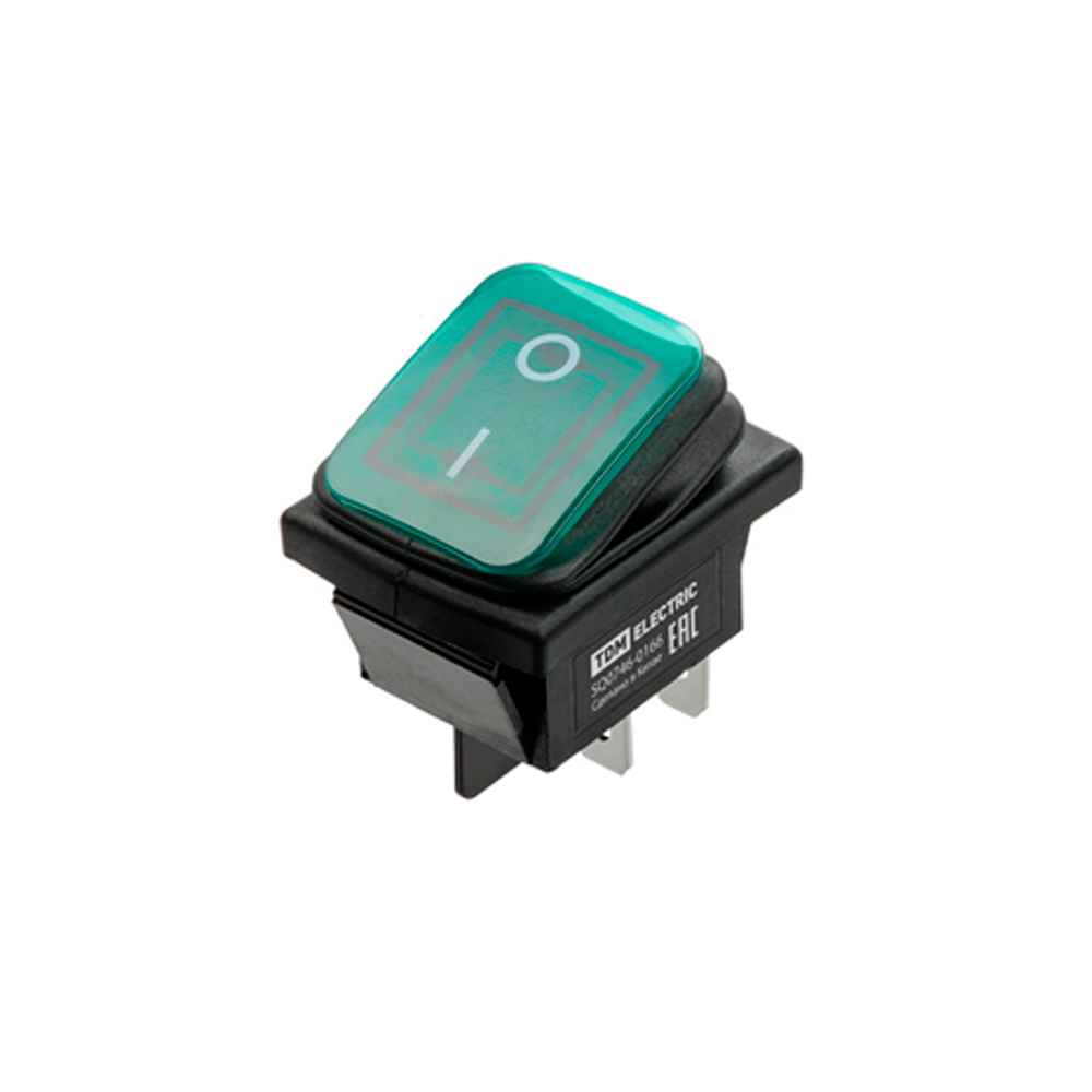 Фото Клавишный переключатель KCD4-201N/HS 250В AC/DC, 2P, 15А, ON-OFF, зеленая клавиша, LED, IP54 TDM {SQ0746-0166}