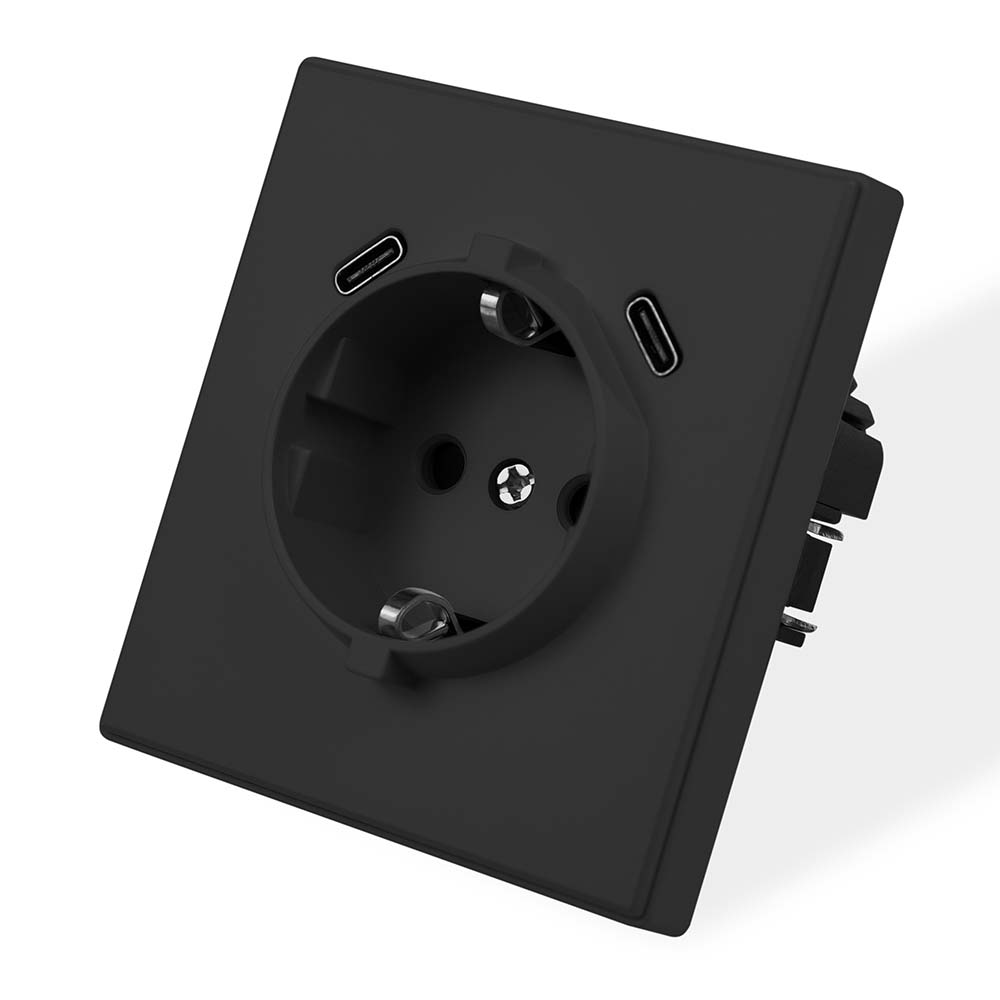 Фото Розетка электрическая, черная, 1 пост, USB-С, USB-С, с рамкой Vell Air {V702090}