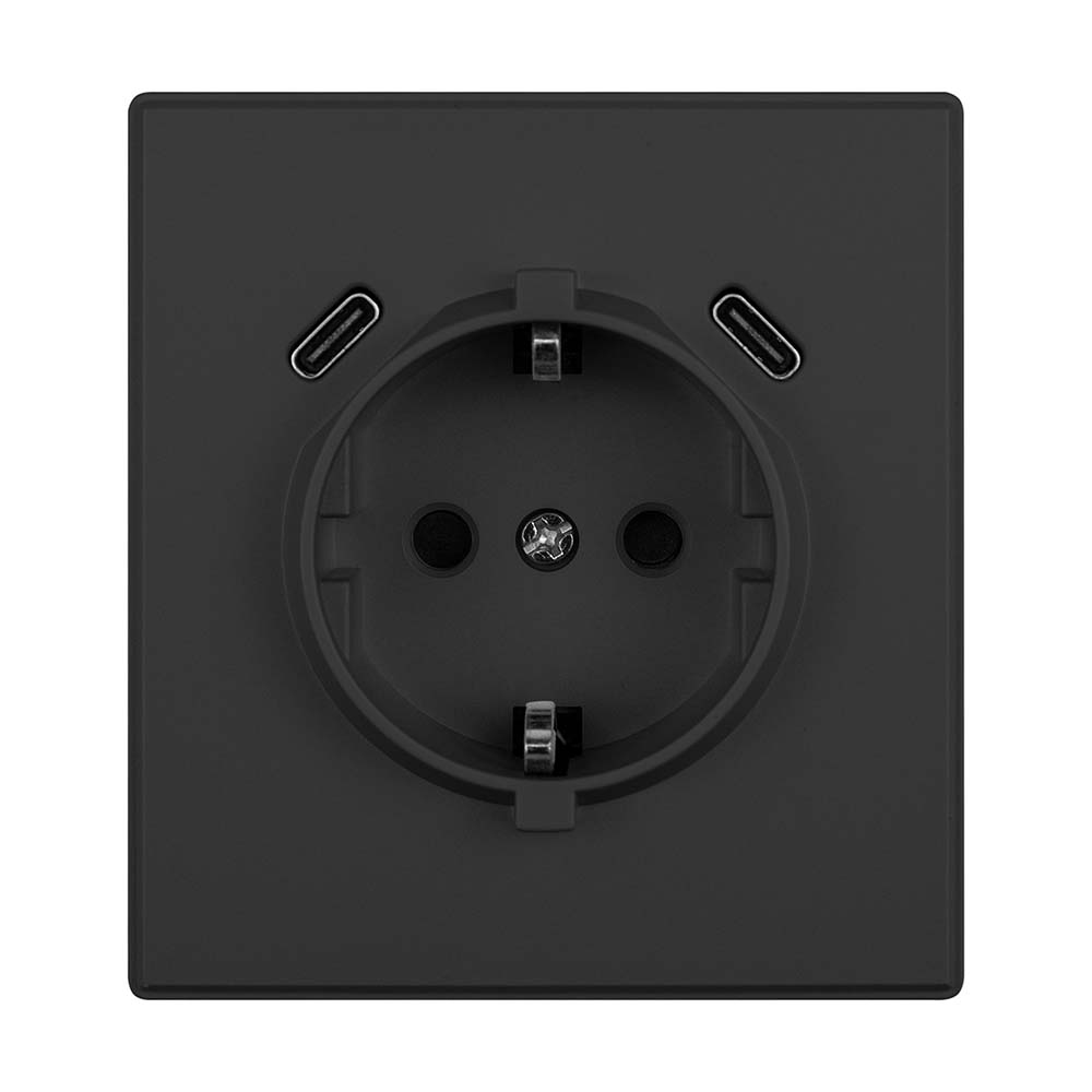 Фото Розетка электрическая, черная, 1 пост, USB-С, USB-С, с рамкой Vell Air {V702090} (1)