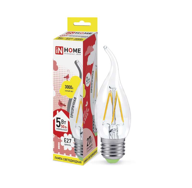 Фото Лампа светодиодная LED-свеча на ветру-deco 5Вт 230В E27 3000К 450Лм прозрачная IN HOME 4690612007649