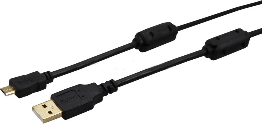 Фото Шнур Rexant, штекер micro USB - штекер USB-A, 1.8 м, черный, с ферритами (напыление золотом) {18-1164-1}
