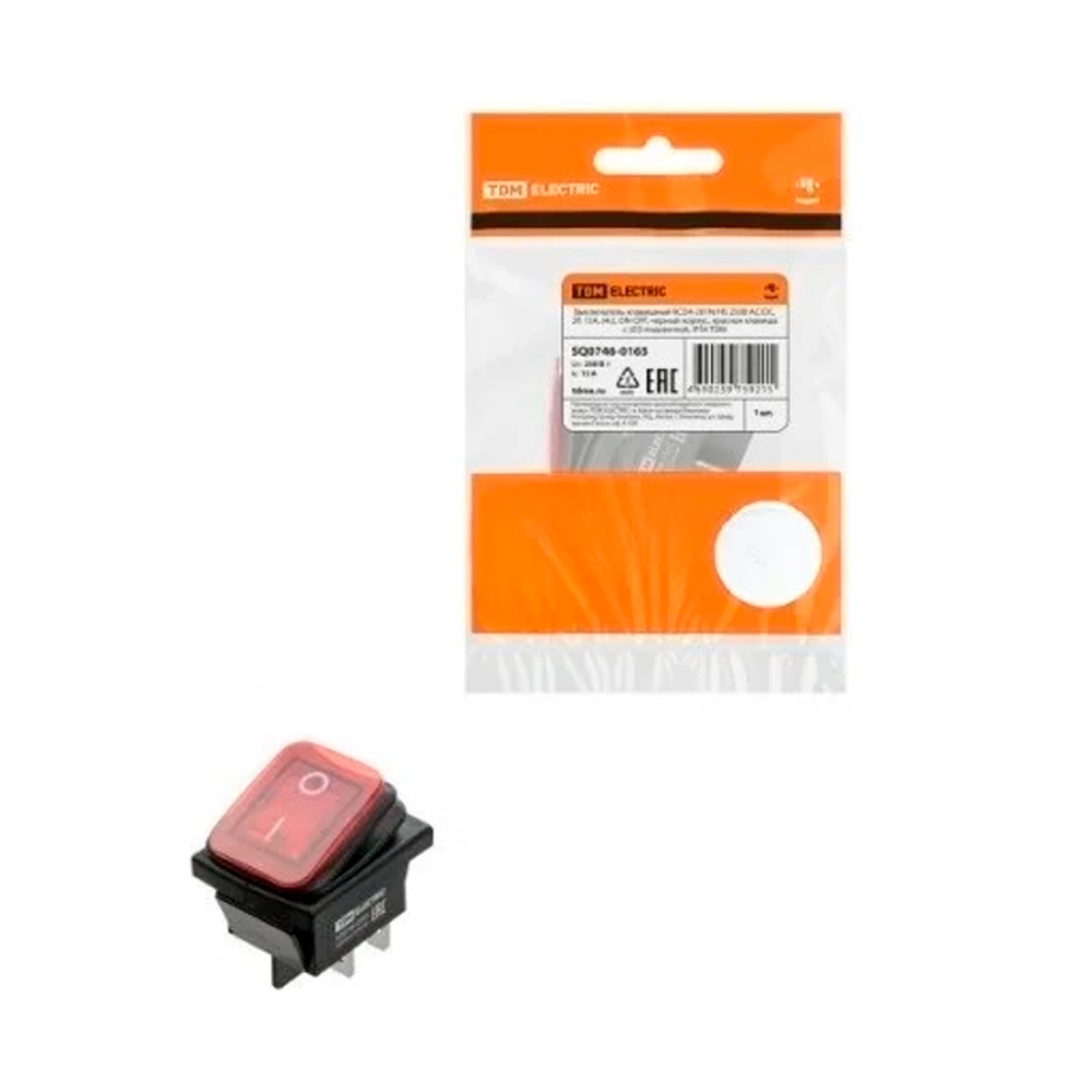 Фото Клавишный переключатель KCD4-201N/HS 250В AC/DC, 2P, 15А, ON-OFF, красная клавиша, LED, IP54 TDM {SQ0746-0165} (1)