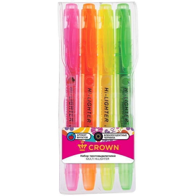Фото Набор текстовыделителей Crown "Multi Hi-Lighter Aroma" 4 цв., 1-4мм, ароматиз., чехол с европодвесом F-500-4 {207921}