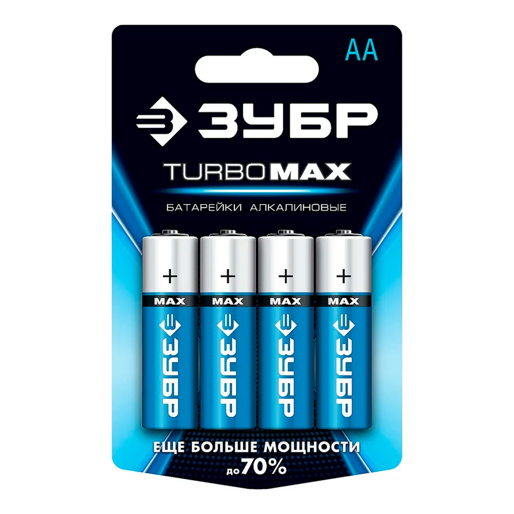 Фото Щелочная батарейка 1.5 В, тип АА, 4 шт, ЗУБР Turbo-MAX {59206-4C_z01}