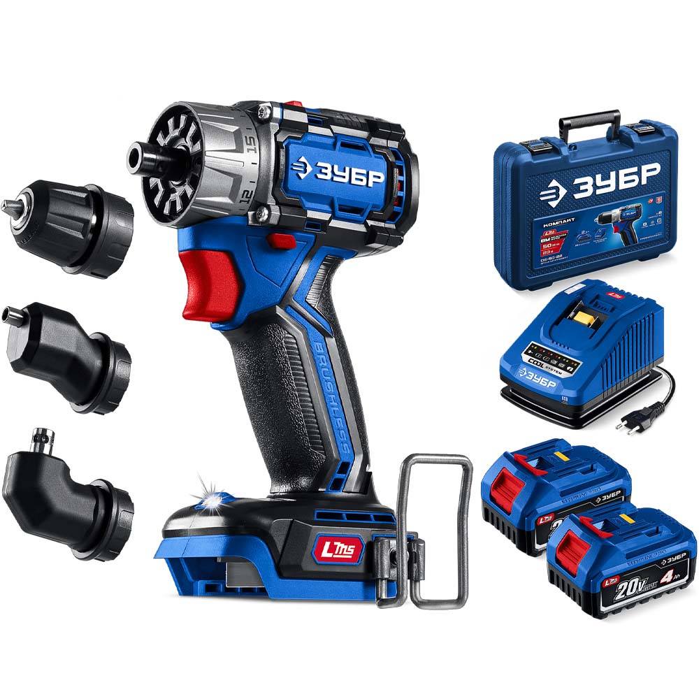 Фото Бесщеточная дрель-шуруповерт, 50 Н·м, 2 АКБ LMS {4 А·ч}, 20 В, кейс, ЗУБР КОМПАКТ #3 ПРОФЕССИОНАЛ {DB-50-42} (1)