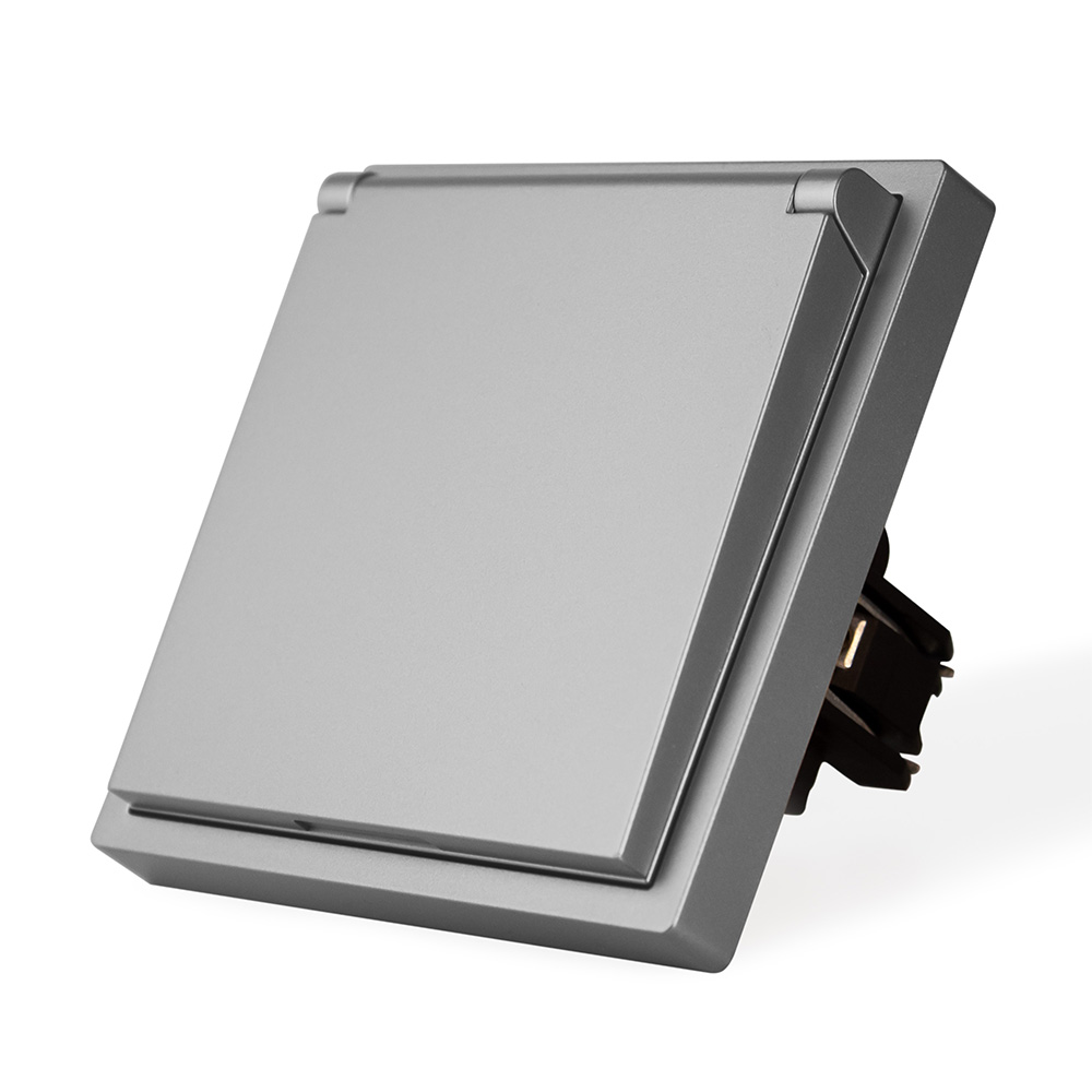 Фото Розетка серая, электрическая с защитной крышкой, 1 пост, с тонкой пластиковой рамкой Vell {GY-EUW-Grand} (3)