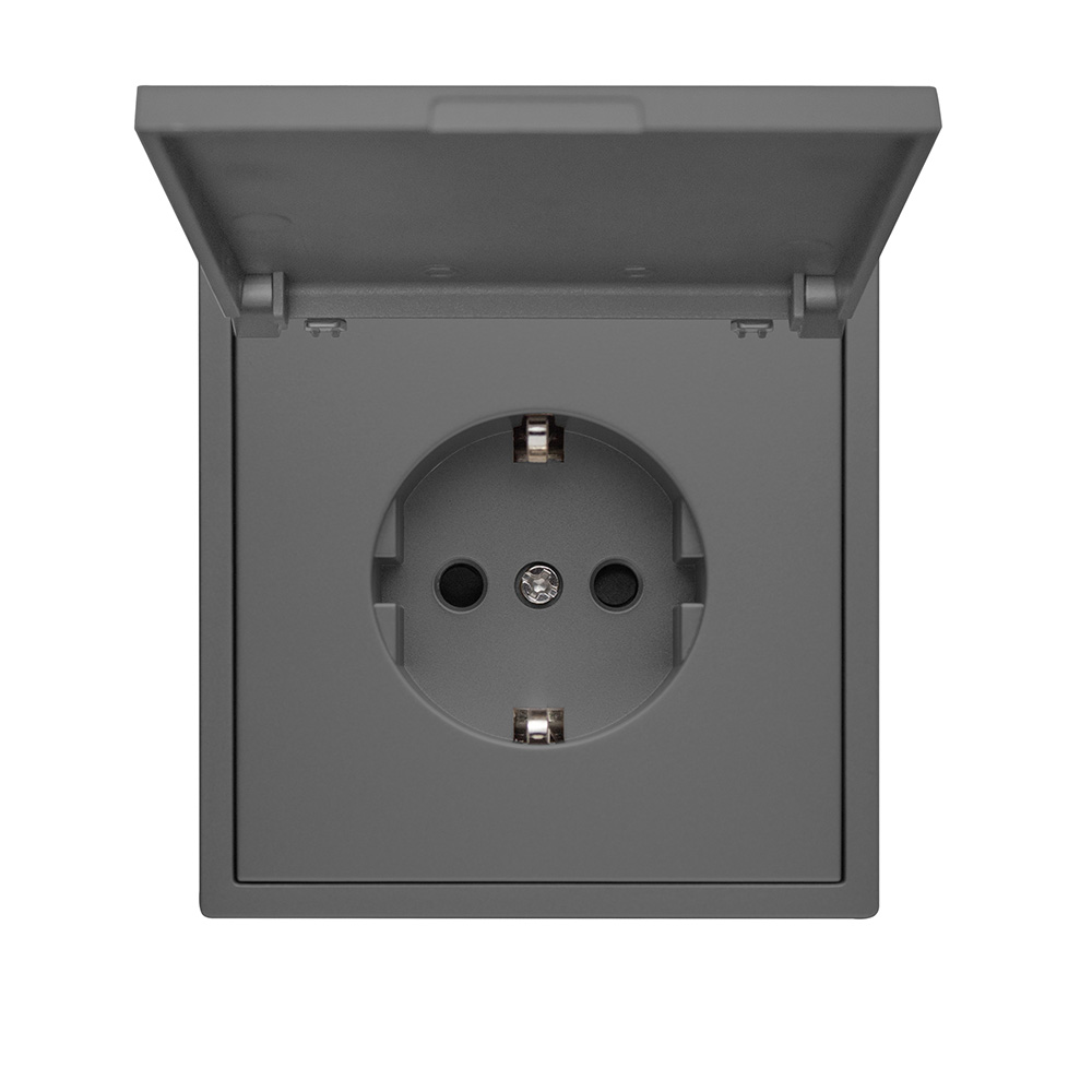 Фото Розетка серая, электрическая с защитной крышкой, 1 пост, с тонкой пластиковой рамкой Vell {GY-EUW-Grand} (5)