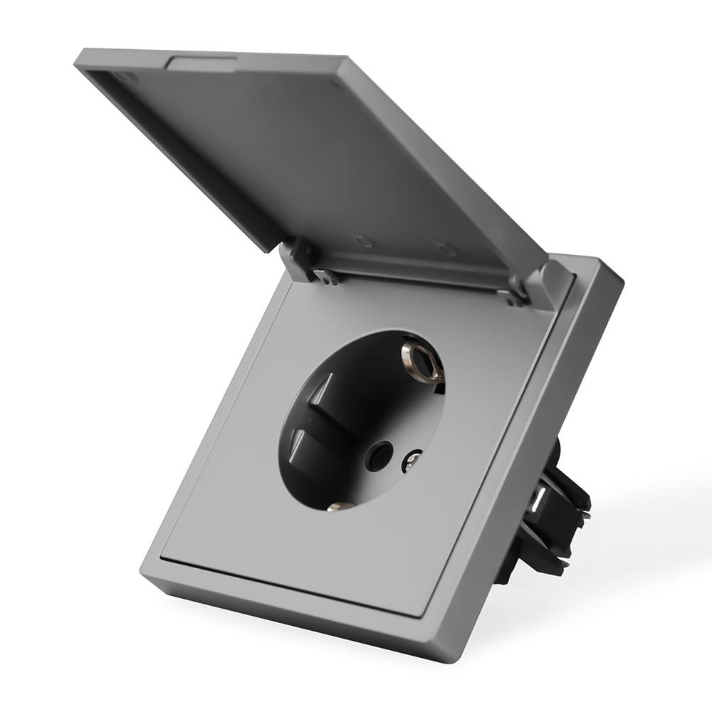 Фото Розетка серая, электрическая с защитной крышкой, 1 пост, с тонкой пластиковой рамкой Vell {GY-EUW-Grand}