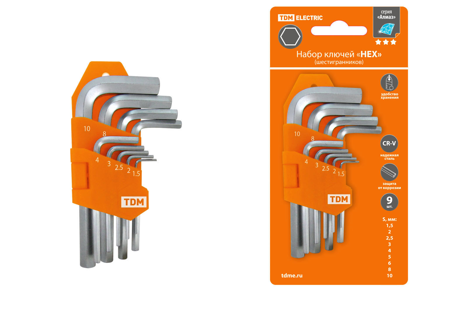 Фото Набор ключей "HEX" 9 шт.: 1.5-10 мм, короткие, (держатель в блистере), CR-V сталь "Алмаз" TDM {SQ1020-0101}