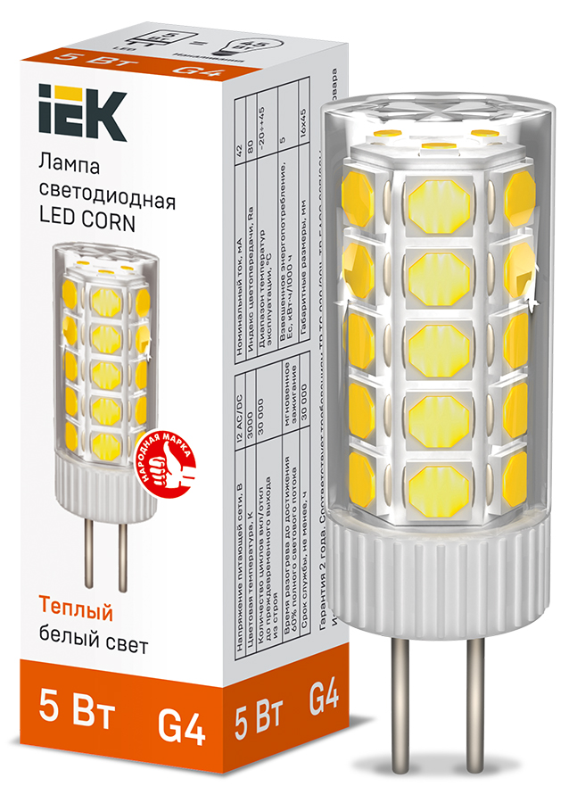 Фото IEK Лампа LED CORN капсула 5Вт 12В 3000К керамика G4 {LLE-CORN-5-012-30-G4}