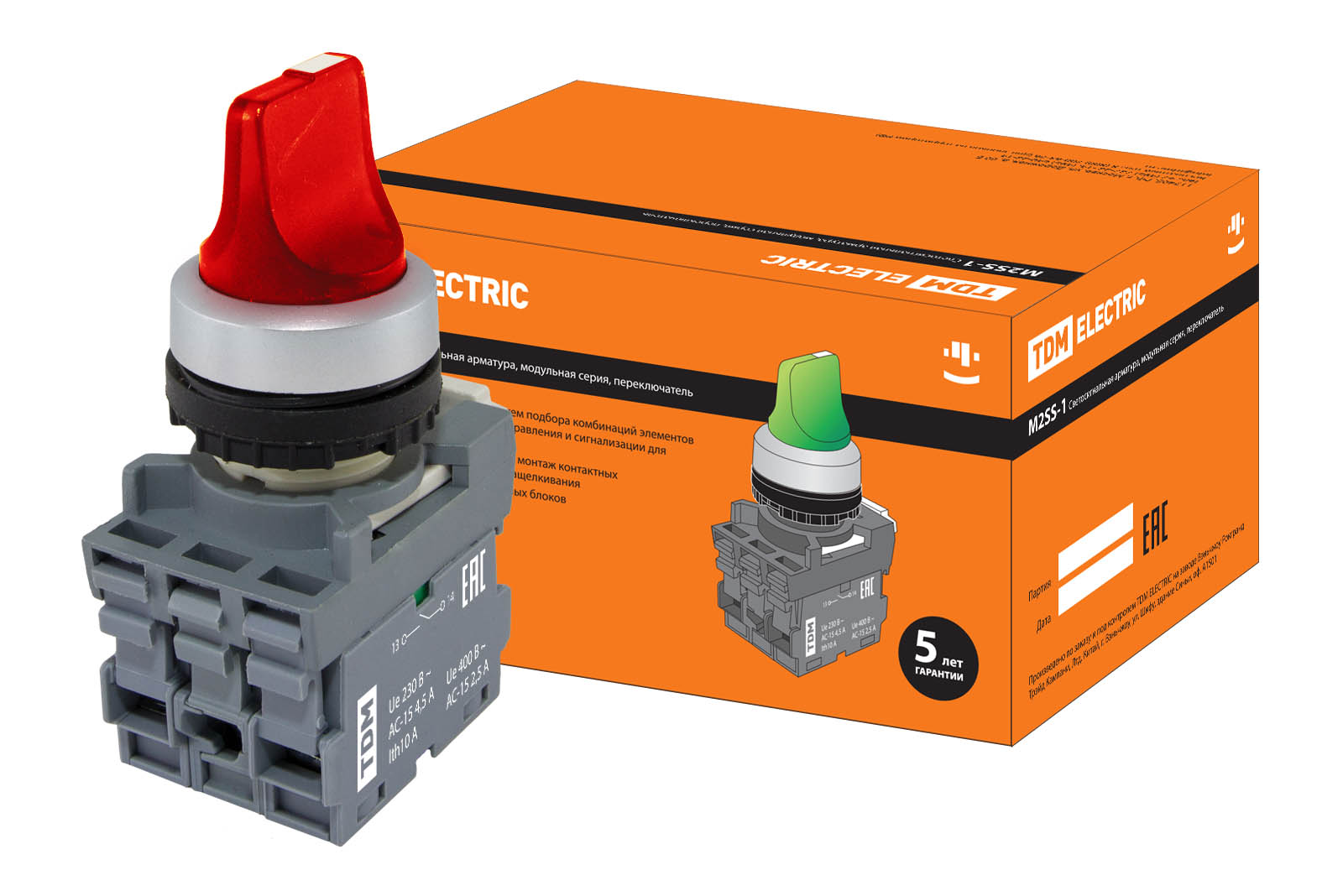 Фото Переключатель на 3 положения с фиксацией M3SS1-21R короткая ручка(LED) d22мм/220B 1з+1р красный TDM {SQ0747-0074}