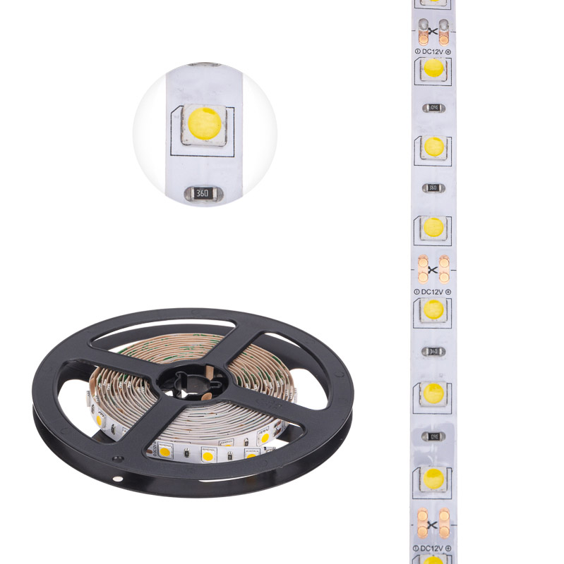 Фото Лента светодиодная 12В, SMD5050, 14,4Вт/м, 60 LED/м, 2700К, 10мм, 3м, для БП с клеммами, IP20 LAMPER {141-2022}