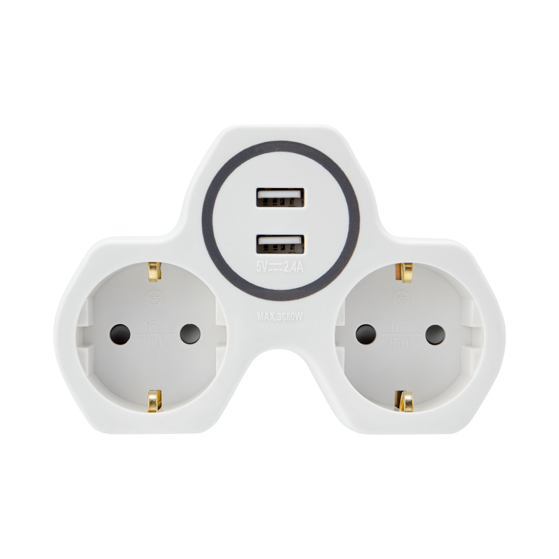 Фото Двойник электрический Rexant 16 А с заземлением и защитными шторками + 2 USB порта, 2,4 А, белый {11-1089} (3)